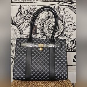 NWT Deluxity Vegan Leather Bag Tote With Lock Embellishment Blue/Black Floral
